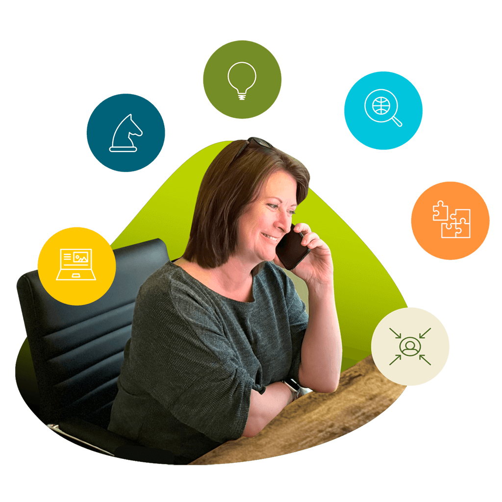 Holly sitting at her desk on the phone. A green shape is behind her and colorful icons surround her.