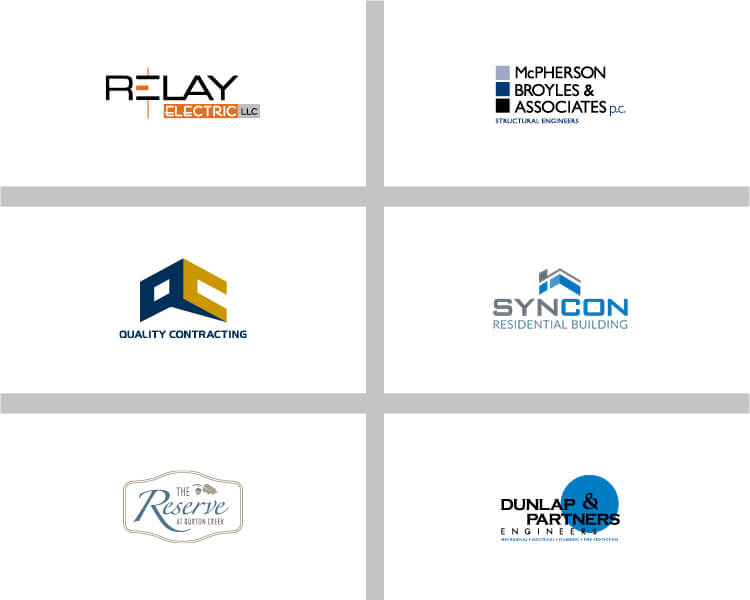 Logos for: Relay Electric, McPherson Broyles & Associates PC Structural Engineers, Quality Contracting, Syncon Residential Building, The Reserve at Burton Creek, Dunlap & Partners Engineers