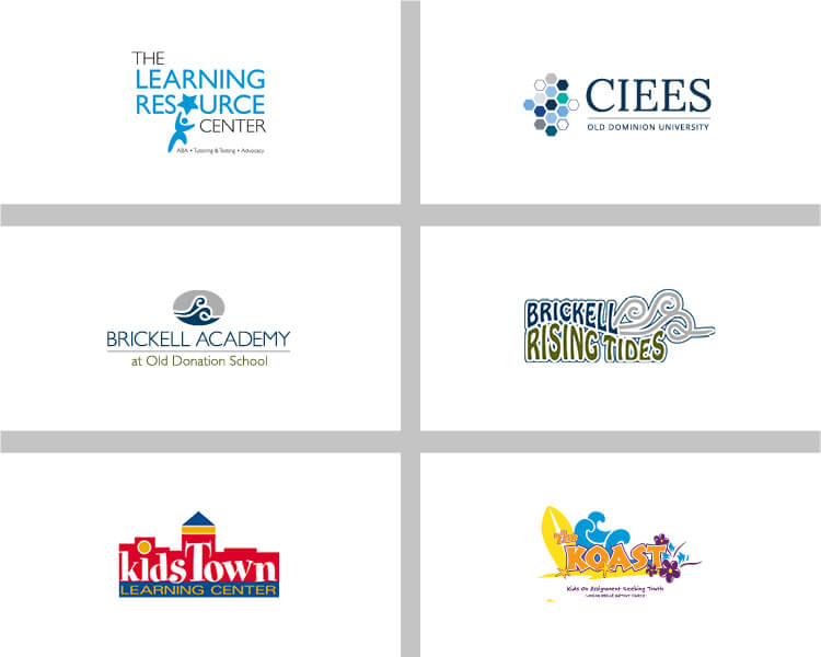 Logos for: The Learning Resource Center, CIEES Old Dominion University, Brickell Academy at Old Donation School, Brickell Rising Tides, Kids Town Learning Center, The Koast