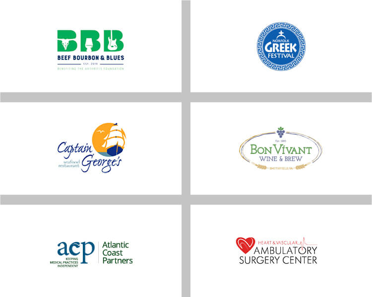Logos for: Beef Bourbon & Blues for the Arthritis Foundation, Norfolk Greek Festival, Captain Geroge's seafood restaurant, Bon Viant Wine & Brew, Atlantic Coast Partners, Florida Health Heart & Vascular Ambulatory Surgery Center