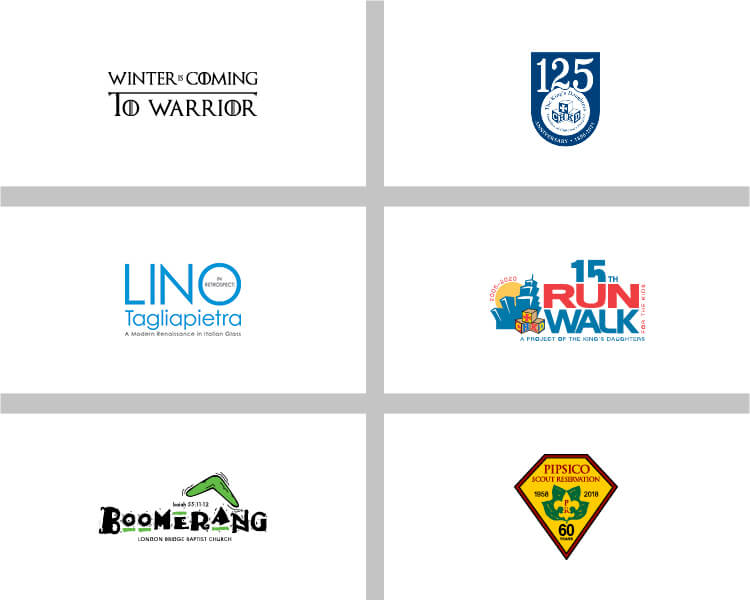 Logos for: ADS Winter is Coming to Warrior, Lino Tagliapietra, Boomerang, 125th Anniversary for The King's Daughters, 15th Anniversary for the CHKD Run Walk, Pipsico Scout Reservation 60th Anniversary