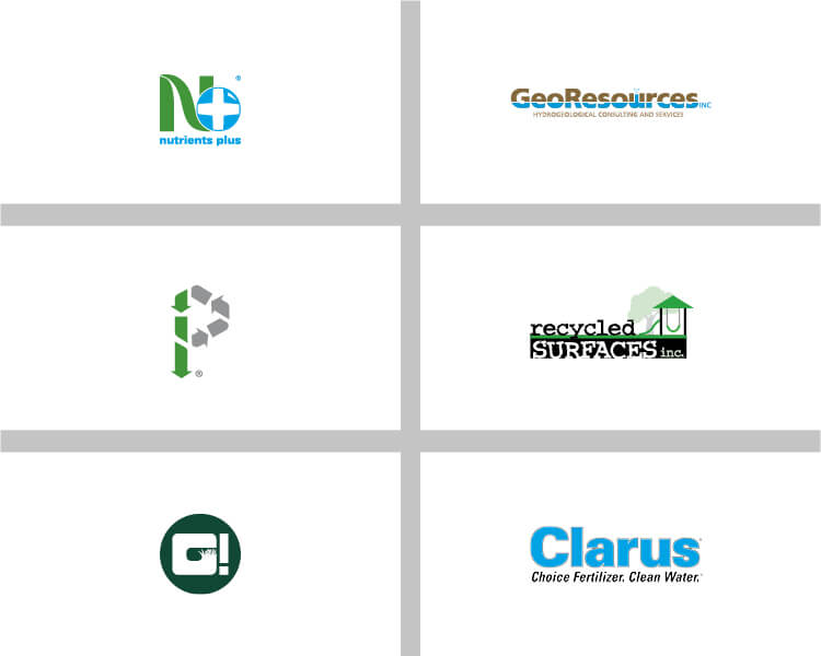 Logos for Nutrients PLUS, Low Phosphorus symbol, My Screamin Green, GeoResources, Recycled Surfaces, Clarus Fertilizer